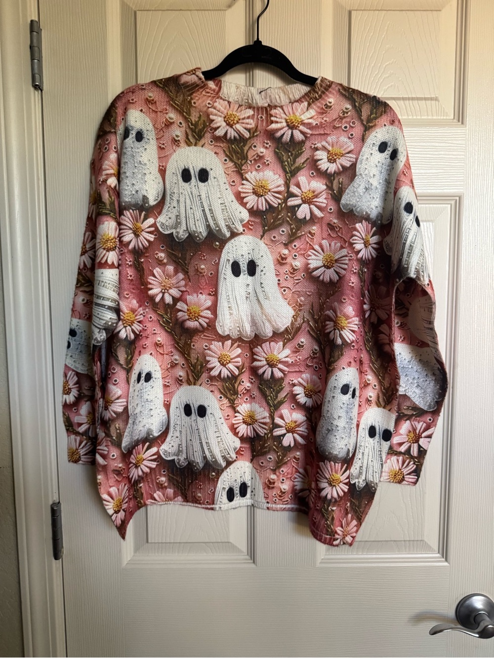 NWT Pink Floral Ghost Print Halloween Crewneck Sweater, Size 1X